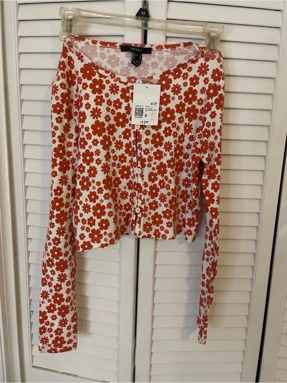 Forever 21 White and Orange Floral Long-Sleeve Button Cardigan